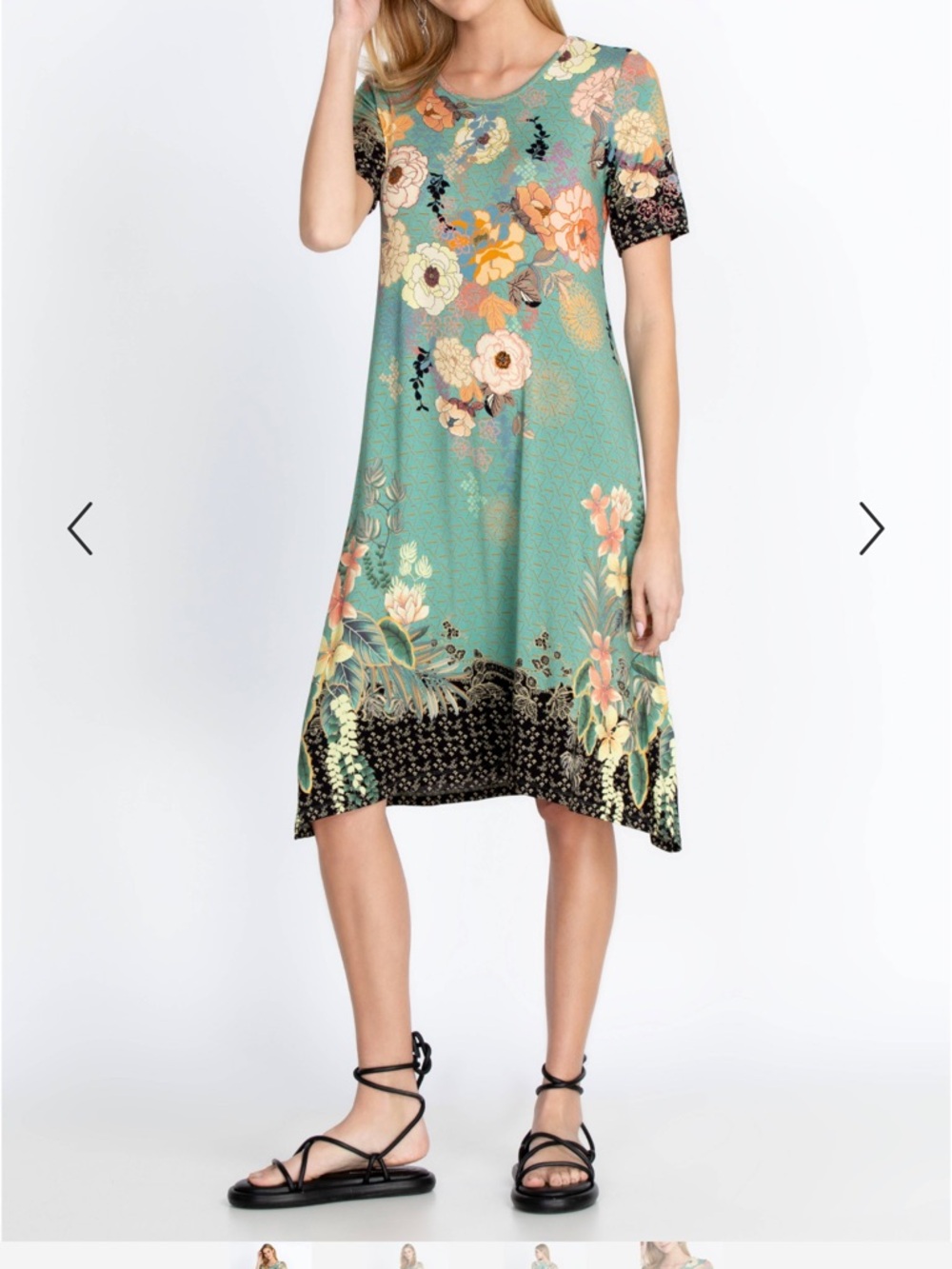 Johnny Was Green Floral Midi Dress with Black Border
